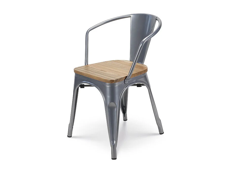 Chaise en métal silver style Industriel et assise en bois naturel clair - Avec accoudoirs
