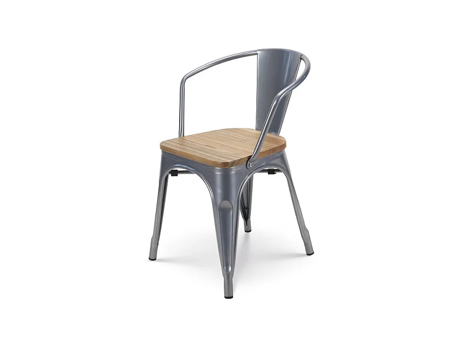 Chaise en métal silver style Industriel et assise en bois naturel clair - Avec accoudoirs