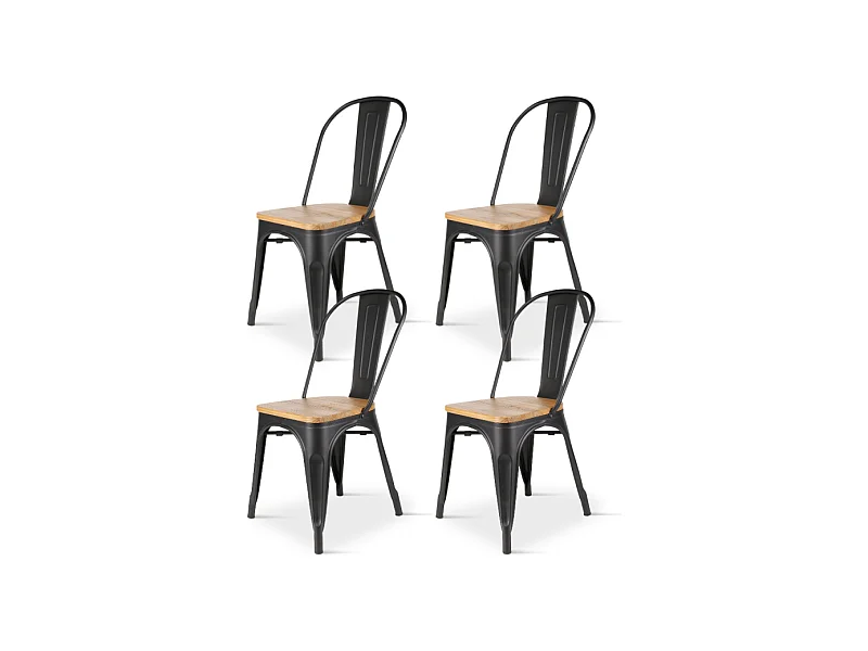 Lot de 4 chaises en métal noir mat et assise en bois clair - Style industriel
