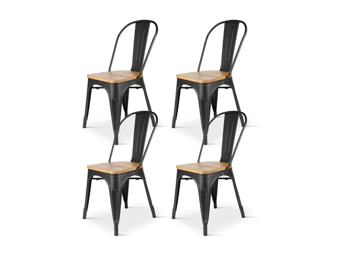 Lot de 4 chaises en métal noir mat et assise en bois clair - Style industriel