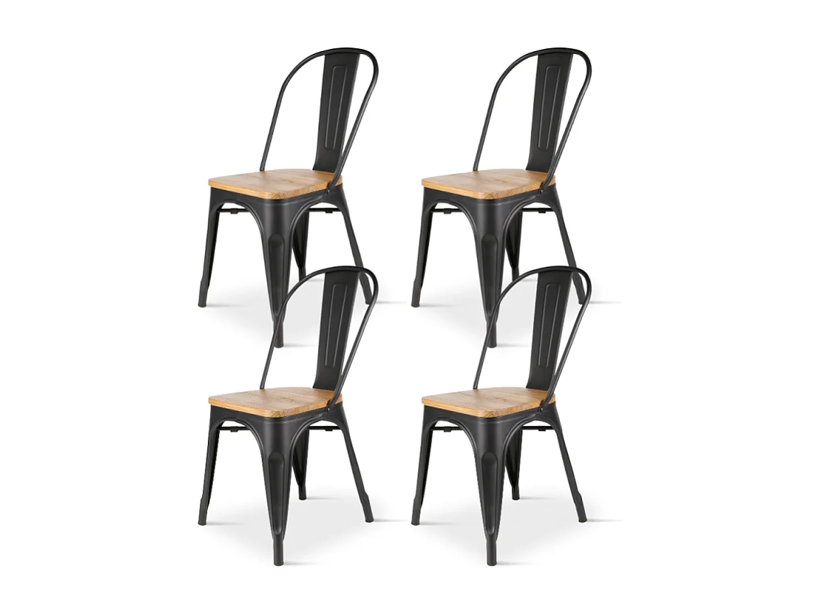 Lot de 4 chaises en métal noir mat et assise en bois clair - Style industriel