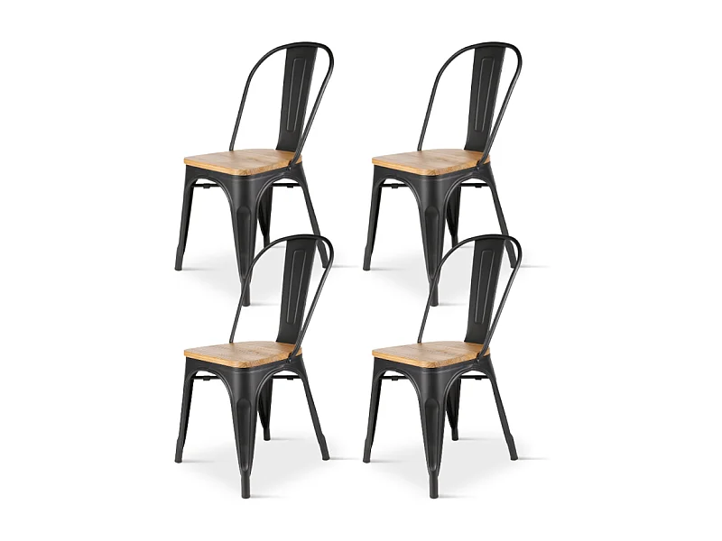 Lot de 4 chaises en métal noir mat et assise en bois clair - Style industriel