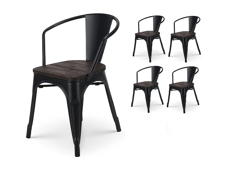 Lot de 4 chaises en métal noir mat style industriel avec assise en bois foncé - Avec accoudoirs