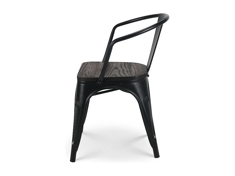 Lot de 4 chaises en métal noir mat style industriel avec assise en bois foncé - Avec accoudoirs