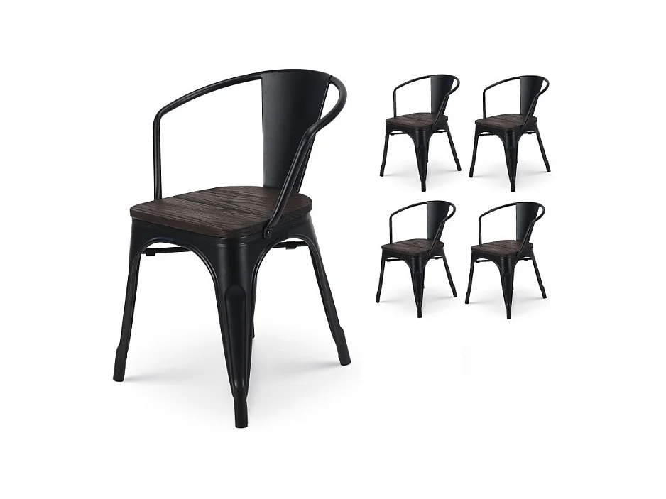 Lot de 4 chaises en métal noir mat style industriel avec assise en bois foncé - Avec accoudoirs