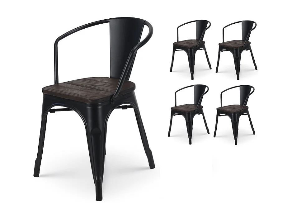 Lot de 4 chaises en métal noir mat style industriel avec assise en bois foncé - Avec accoudoirs
