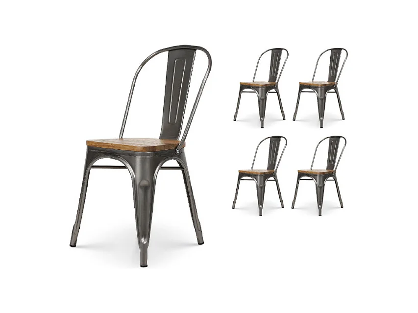 Lot de 4 chaises en métal brut aspect galvanisé et assise en bois clair - Style industriel