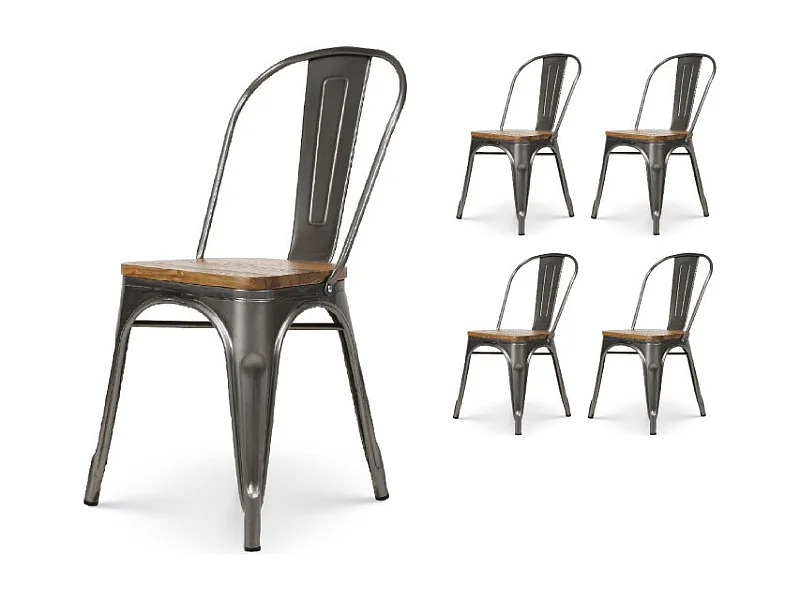 Lot de 4 chaises en métal brut aspect galvanisé et assise en bois clair - Style industriel