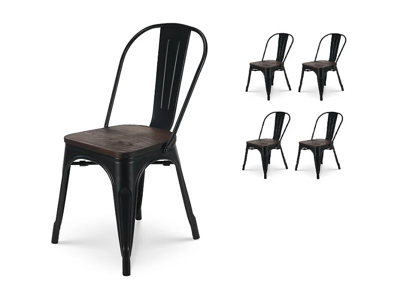 Lot de 4 chaises en métal noir mat et assise en bois foncé - Style industriel