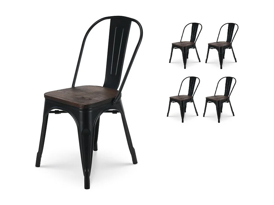 Lot de 4 chaises en métal noir mat et assise en bois foncé - Style industriel