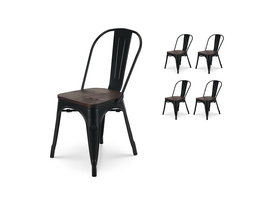 Lot de 4 chaises en métal noir mat et assise en bois foncé - Style industriel
