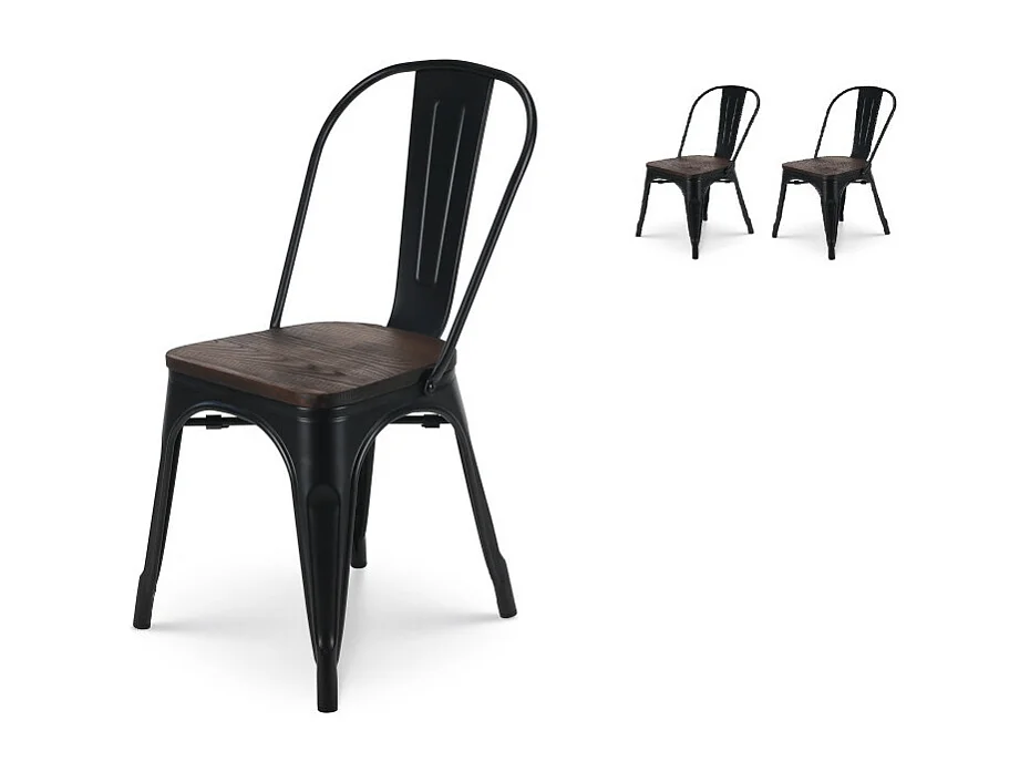 Lot de 2 chaises en métal noir mat et assise en bois foncé - Style industriel
