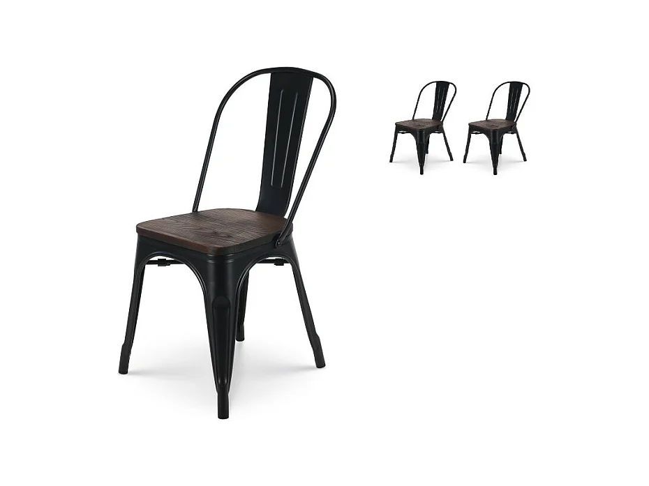 Lot de 2 chaises en métal noir mat et assise en bois foncé - Style industriel