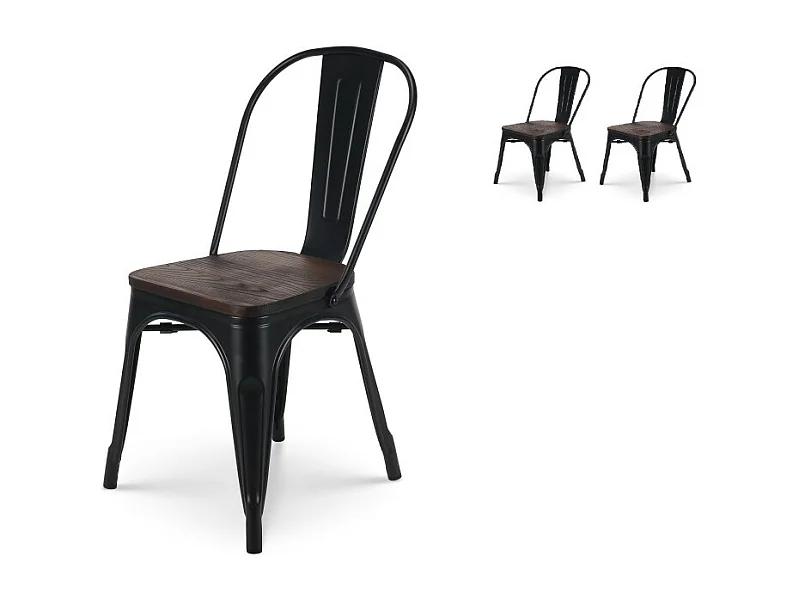 Lot de 2 chaises en métal noir mat et assise en bois foncé - Style industriel