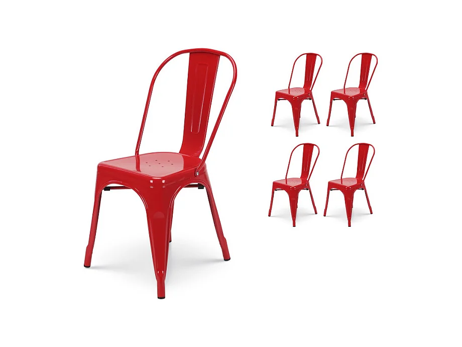 Lot de 4 chaises style industriel en métal rouge - Finition brillant