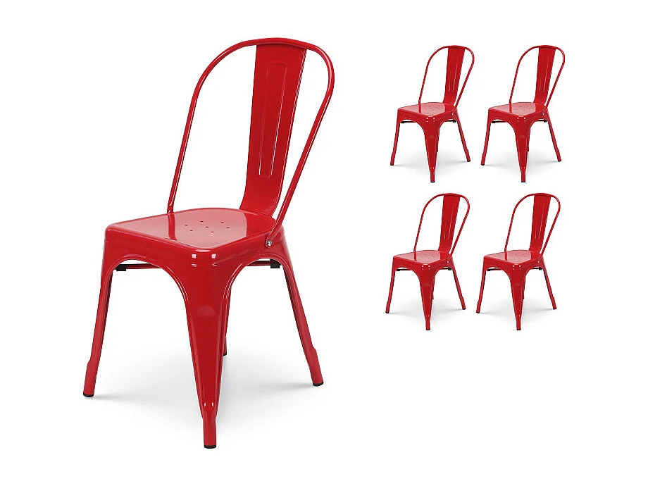 Lot de 4 chaises style industriel en métal rouge - Finition brillant