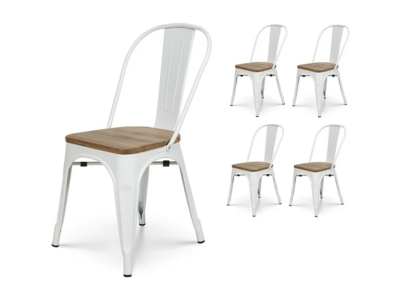 Lot de 4 chaises en métal blanc mat et assise en bois clair - Style industriel
