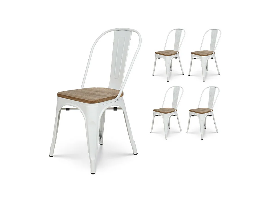 Lot de 4 chaises en métal blanc mat et assise en bois clair - Style industriel