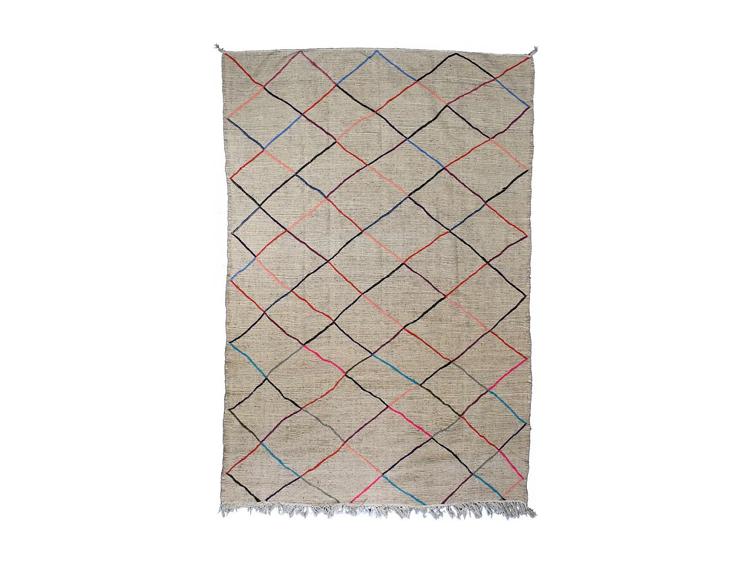 Authentique tapis berbère 200x300 fait main en tissu recyclé beige et bleu ERFOUD 2