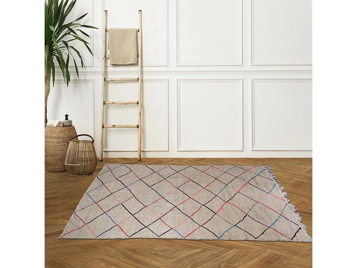 Authentique tapis berbère 200x300 fait main en tissu recyclé beige et bleu ERFOUD 2