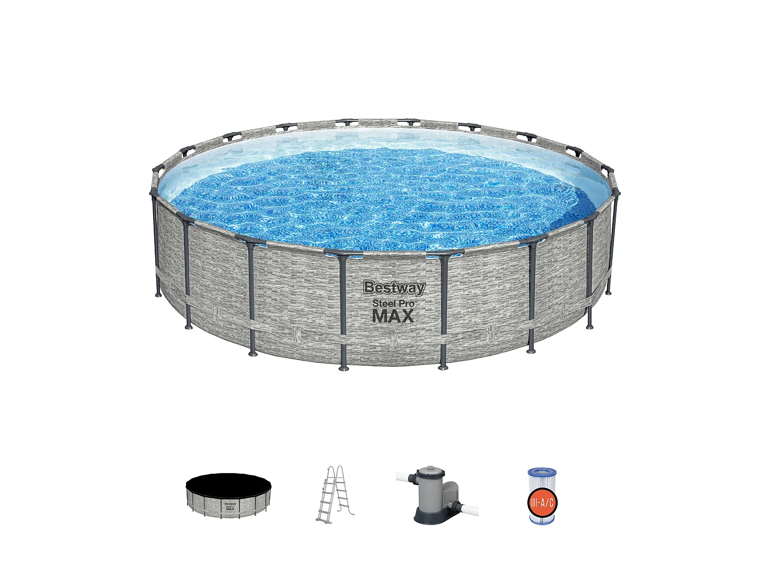 Piscine Hors Sol Tubulaire Bestway Steel Pro Max Design Pierre Ø549x122 cm Épurateur à Cartouche 5.678L/H Bâche, Échelle