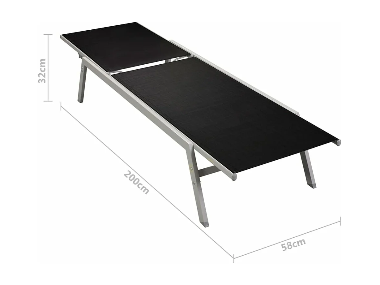 Conjunto de 2 espreguiçadeiras espreguiçadeira para banhos de sol jardim cama terraço móveis de exterior com mesa de aço e textilene preto 02_0012072