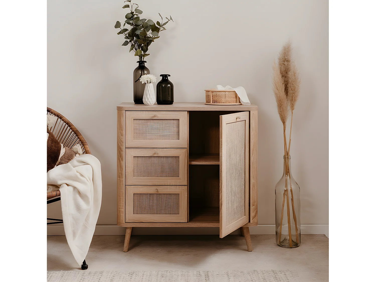 Buffet 1 Deur 3 Laden met rietwerk - L81 cm Vintage Charme Stijl