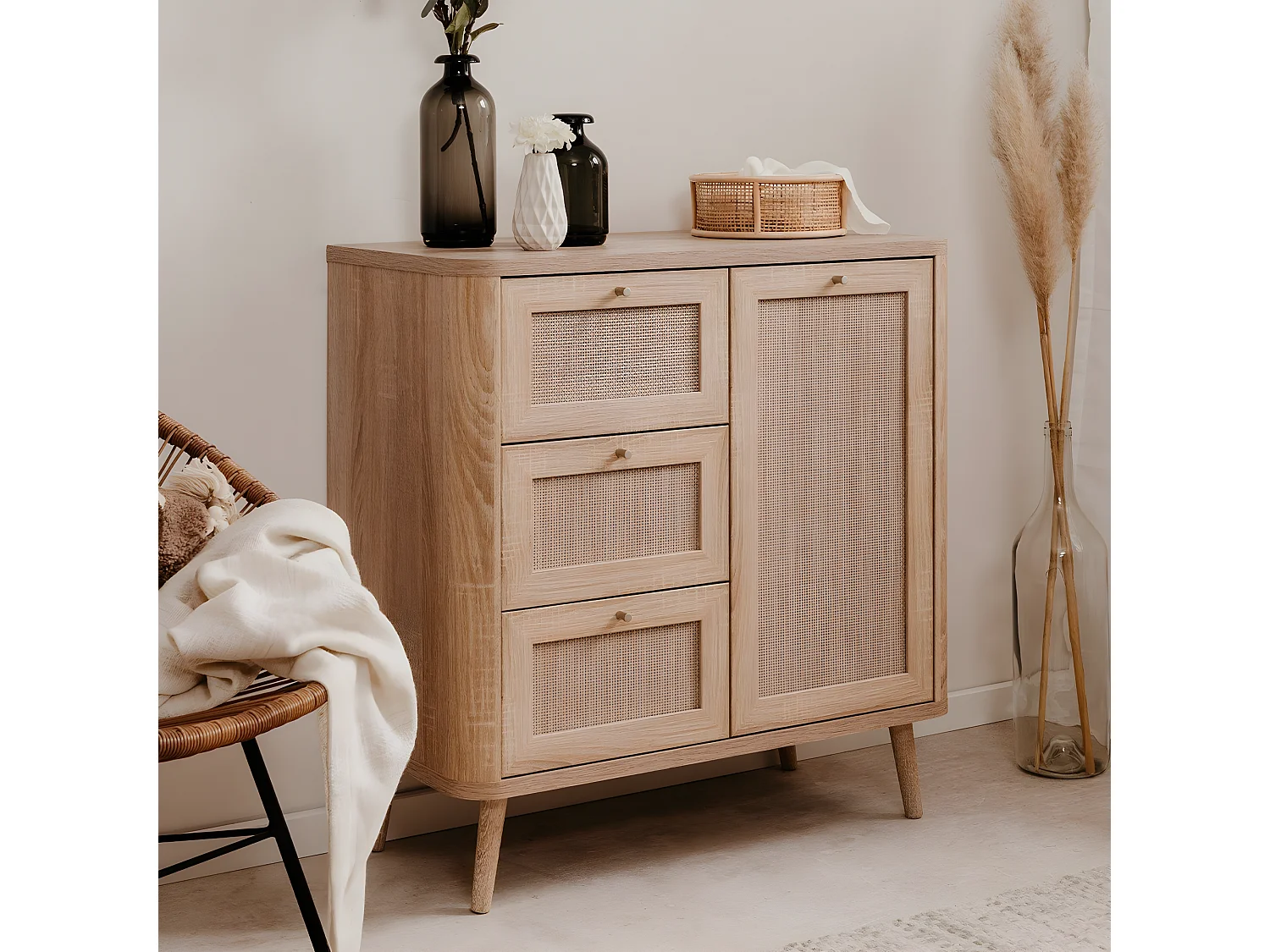 Buffet 1 Deur 3 Laden met rietwerk - L81 cm Vintage Charme Stijl