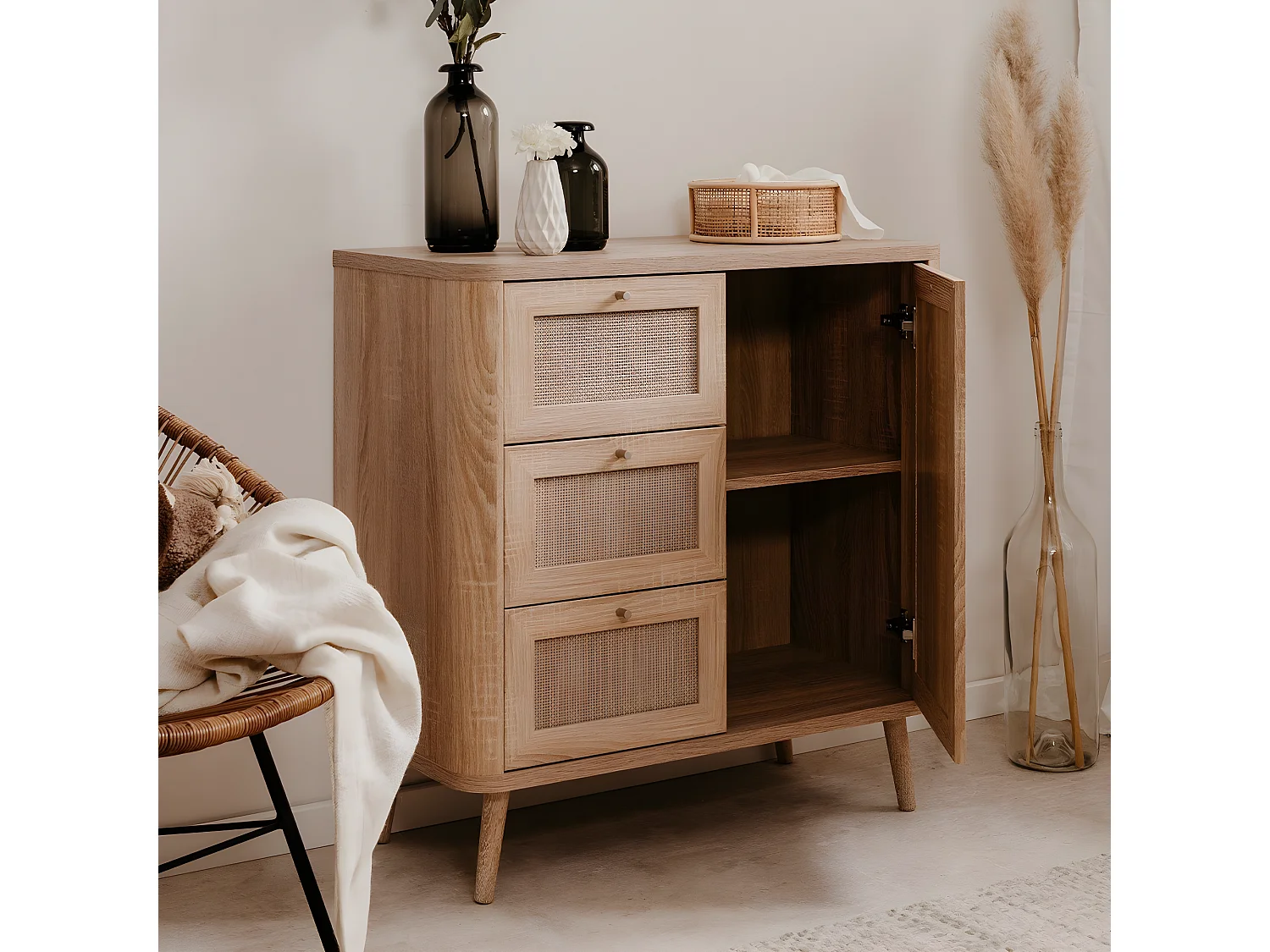 Buffet 1 Deur 3 Laden met rietwerk - L81 cm Vintage Charme Stijl