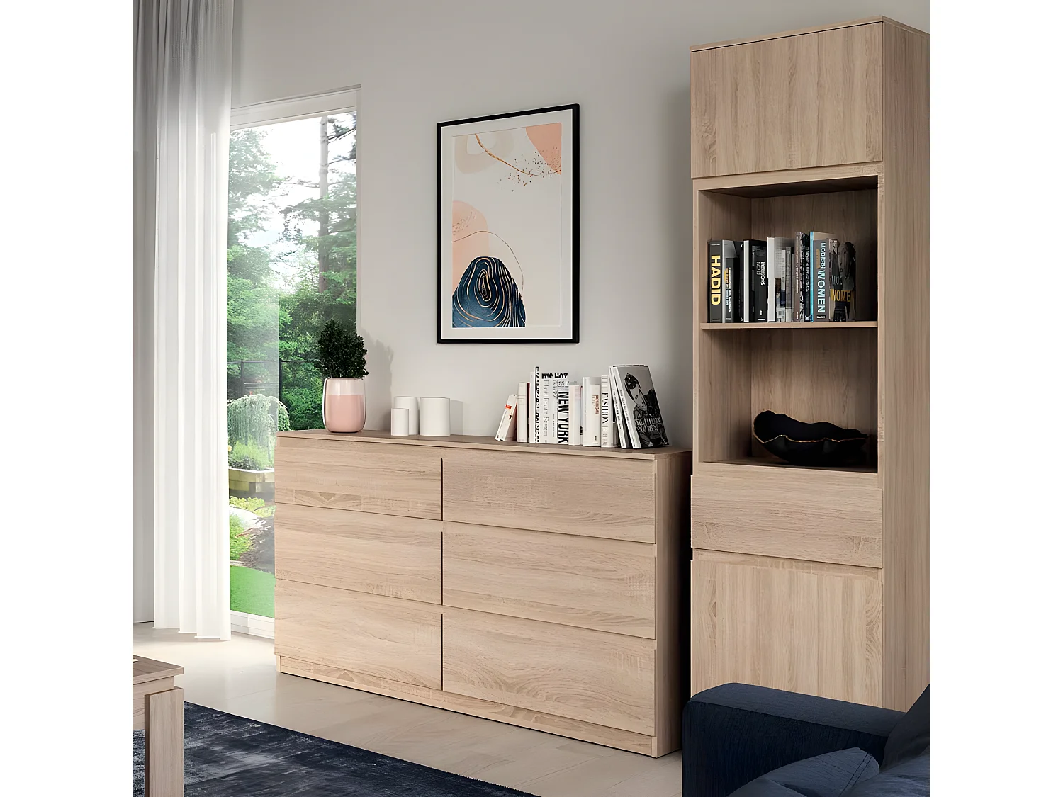 Commode 6 tiroirs Chêne clair - QIZ - L 137 x l 35 x H 84 cm