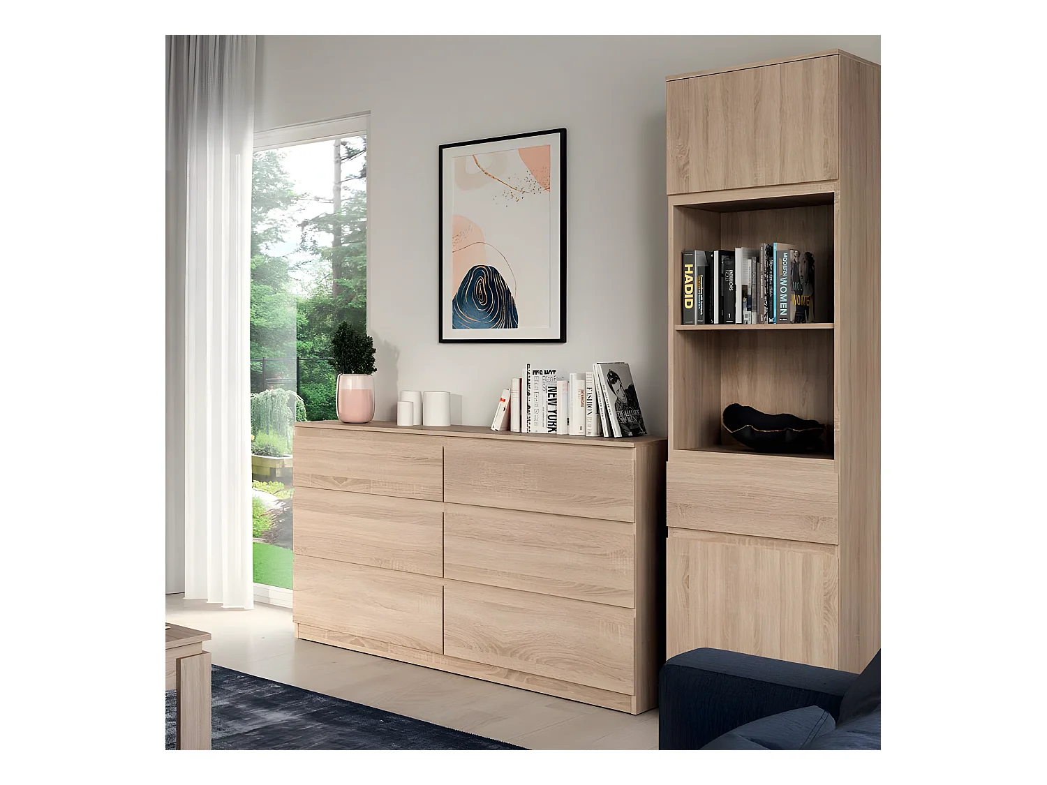 Commode 6 tiroirs Chêne clair - QIZ - L 137 x l 35 x H 84 cm