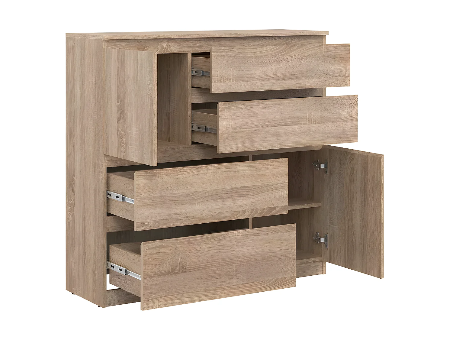 Commode 2 portes 4 tiroirs Chêne clair - QIZ - L 107 x l 35 x H 105 cm