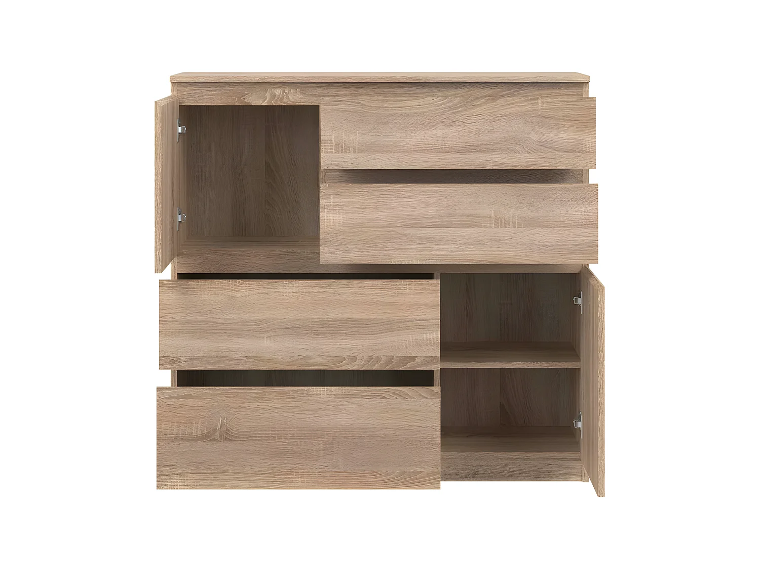 Commode 2 portes 4 tiroirs Chêne clair - QIZ - L 107 x l 35 x H 105 cm