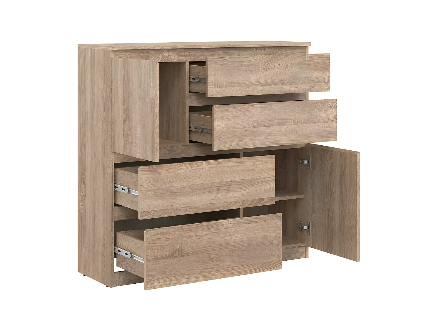 Commode 2 portes 4 tiroirs Chêne clair - QIZ - L 107 x l 35 x H 105 cm