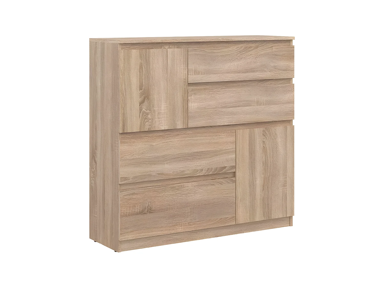 Commode 2 portes 4 tiroirs Chêne clair - QIZ - L 107 x l 35 x H 105 cm