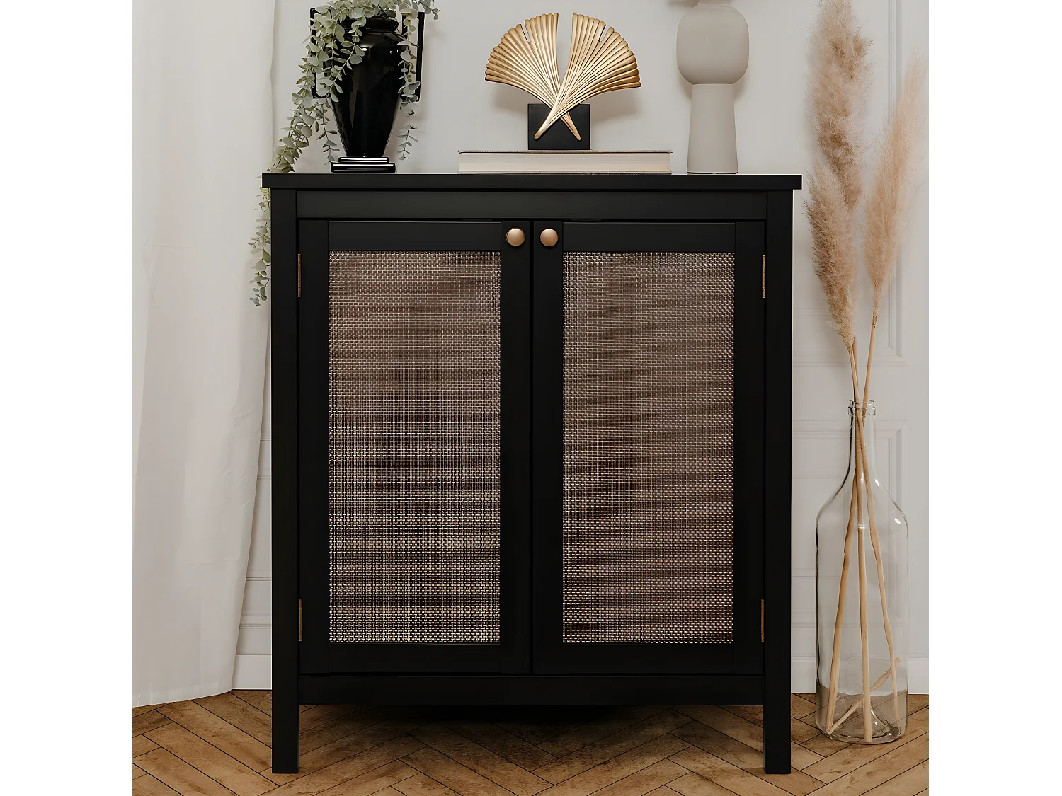 Buffet 2 Portes Noir Cannage Métal L80 cm - KRAKOW