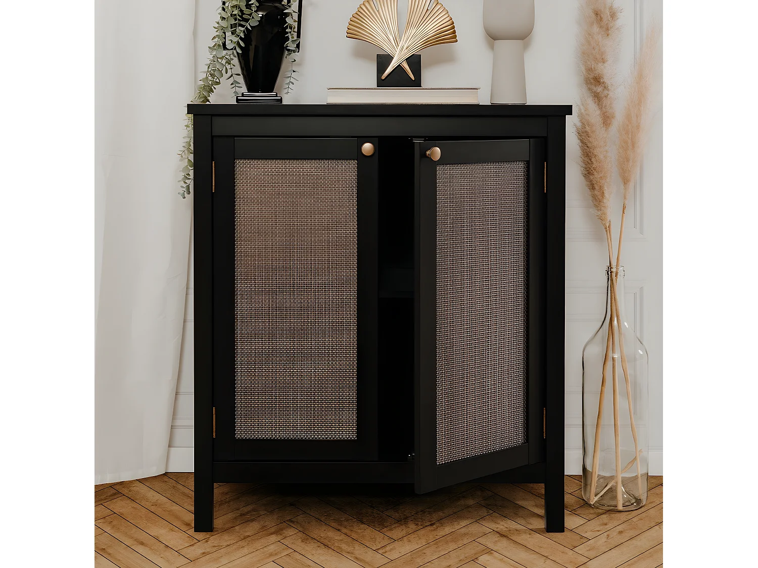 Buffet 2 Portes Noir Cannage Métal L80 cm - KRAKOW