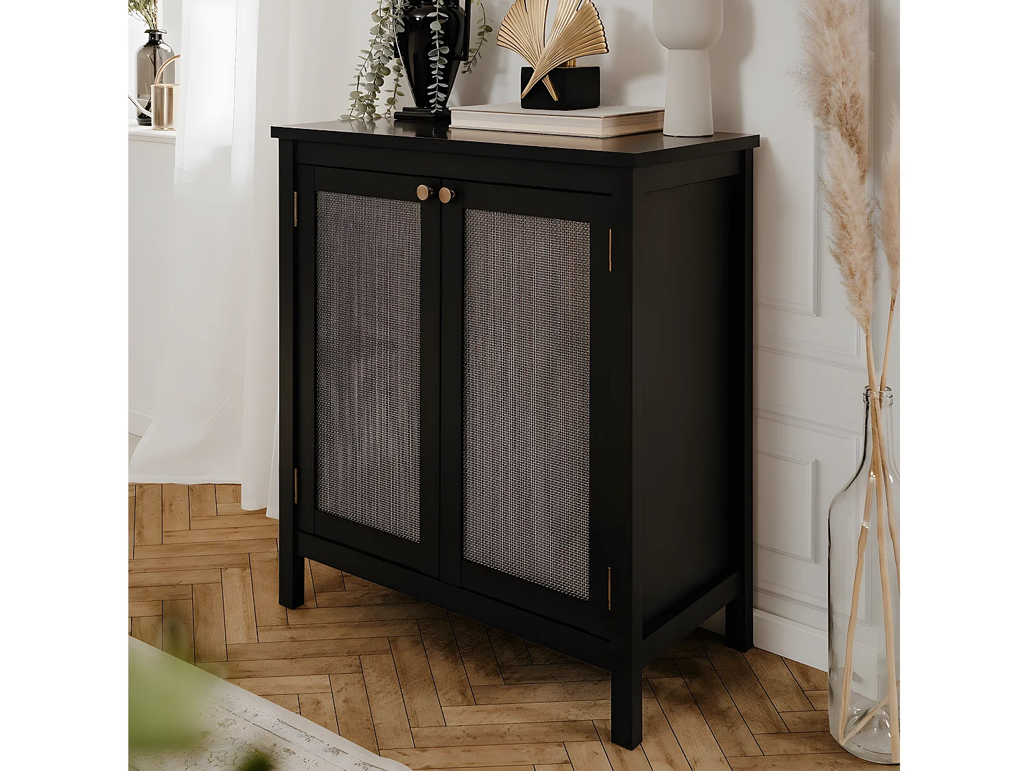 Buffet 2 Portes Noir Cannage Métal L80 cm - KRAKOW