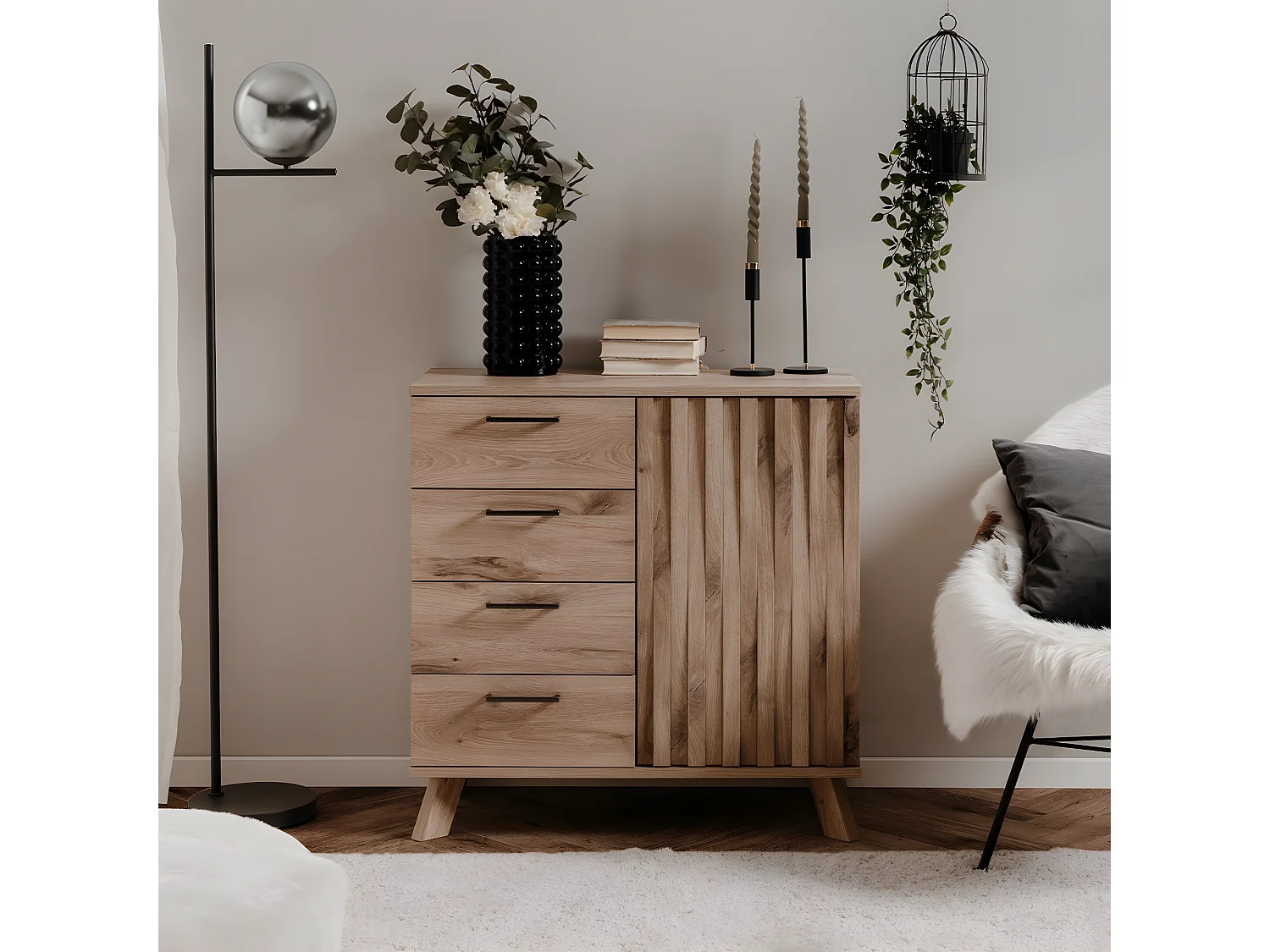 Buffet 4 Tiroirs 1 Porte Décor Chêne L85 cm - OPOLE