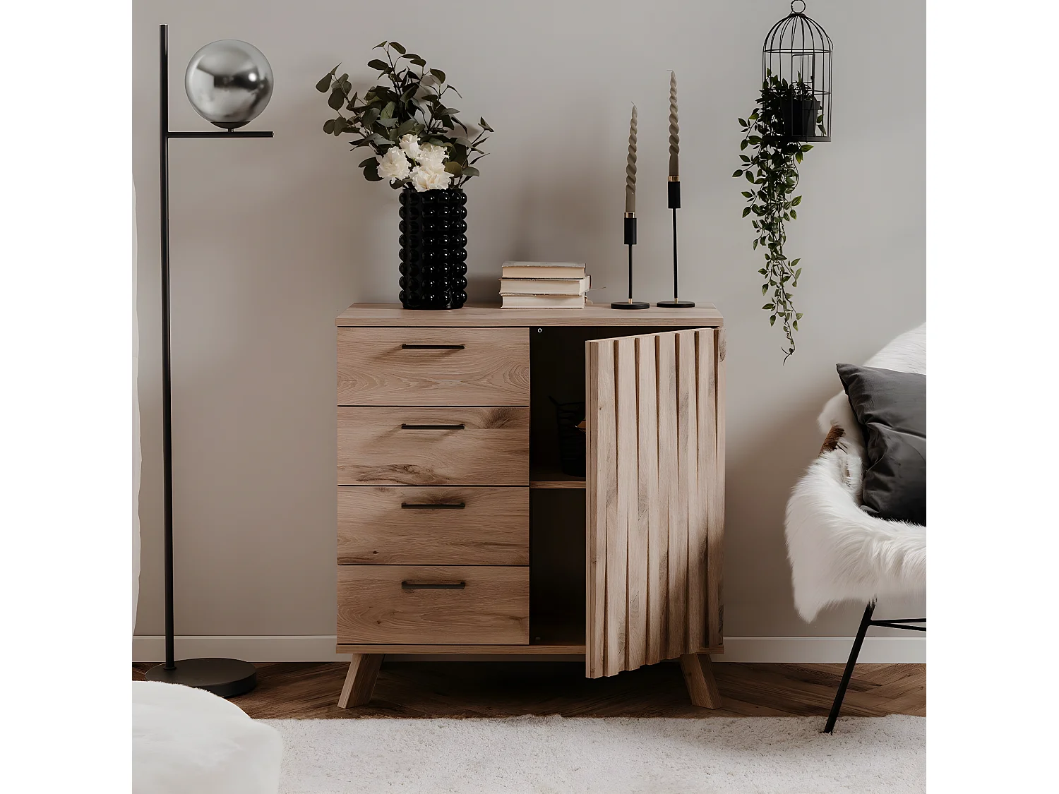 Buffet 4 Tiroirs 1 Porte Décor Chêne L85 cm - OPOLE