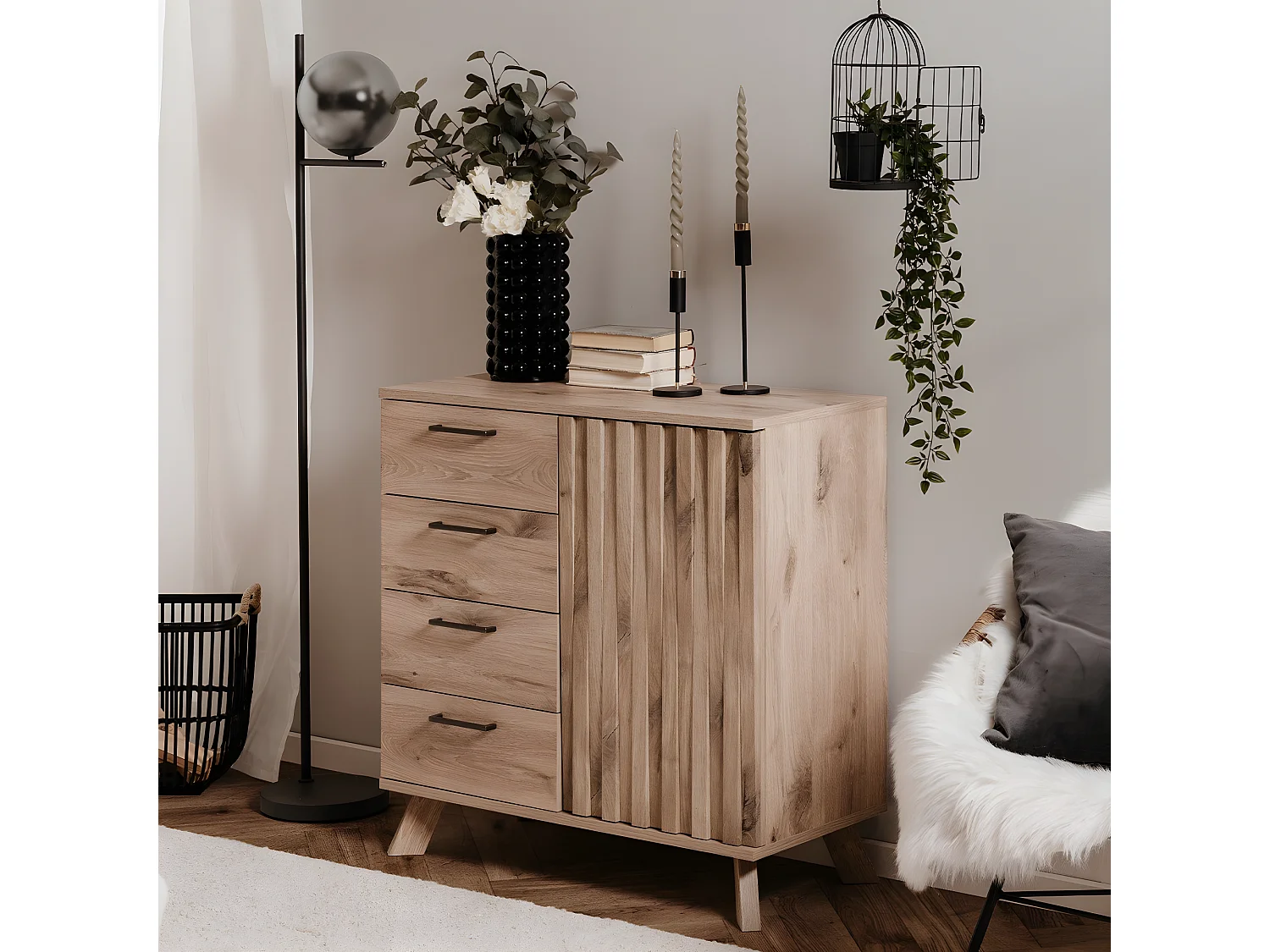 Buffet 4 Tiroirs 1 Porte Décor Chêne L85 cm - OPOLE