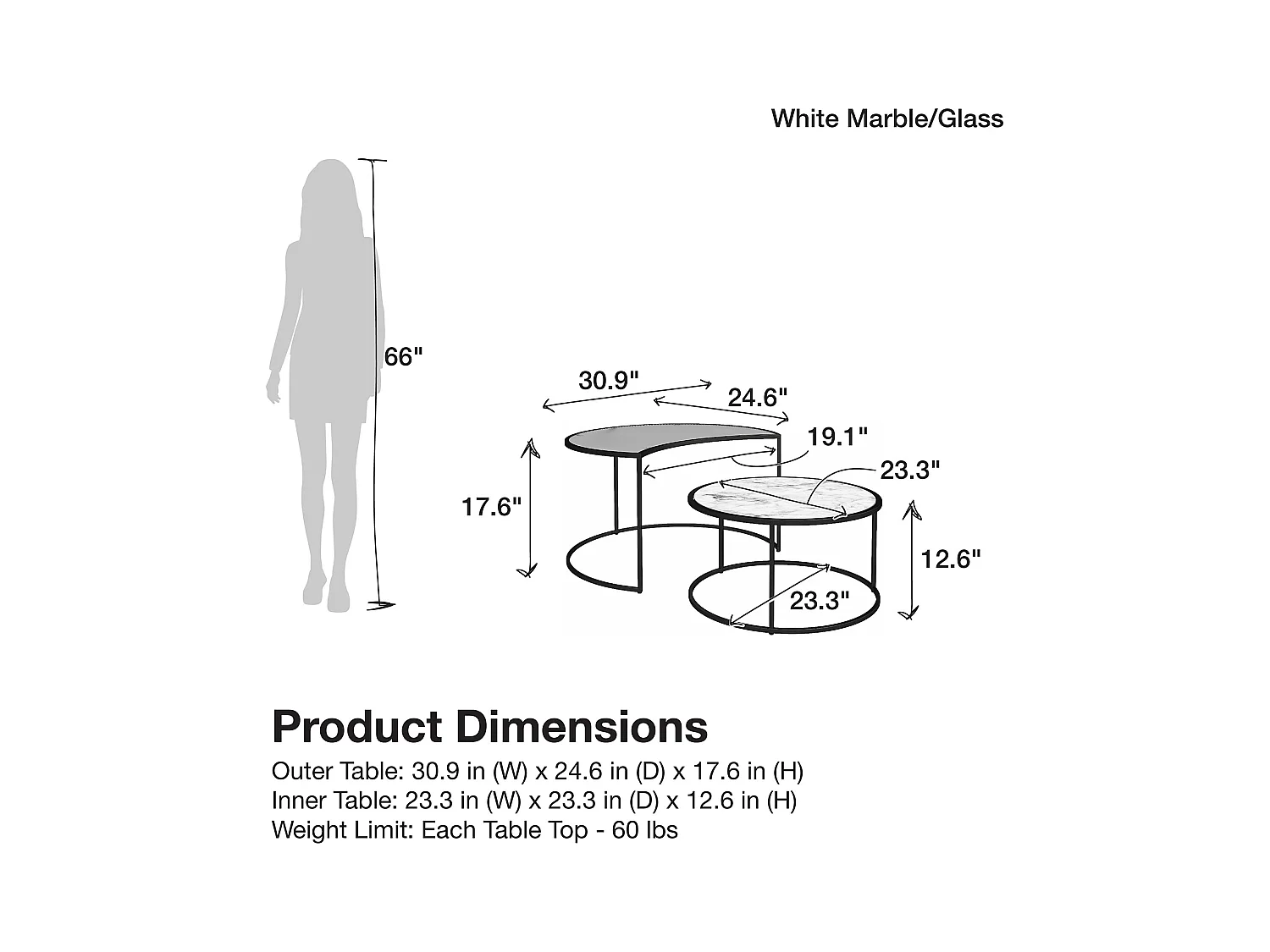 Moon Phases|Tables gigognes avec plateau en verre/effet marbre blanc
