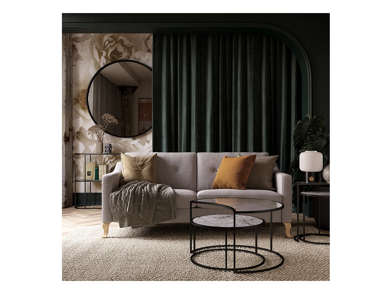 Moon Phases|Tables gigognes avec plateau en verre/effet marbre blanc