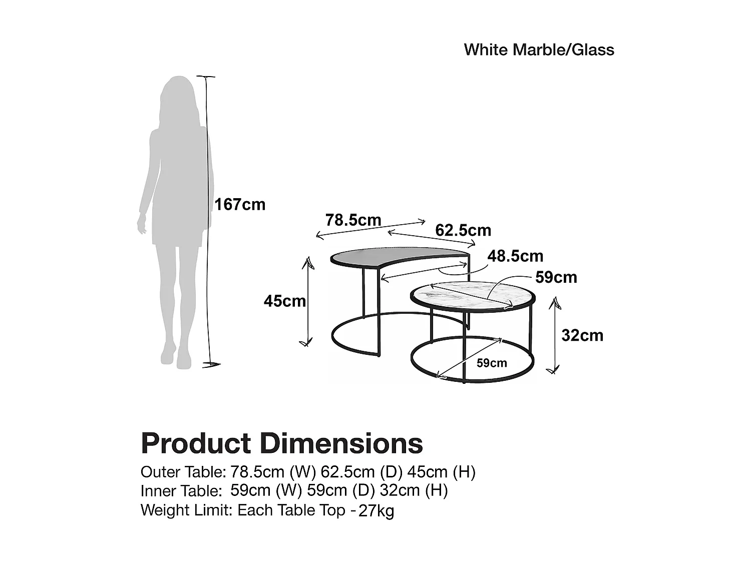 Moon Phases|Tables gigognes avec plateau en verre/effet marbre blanc