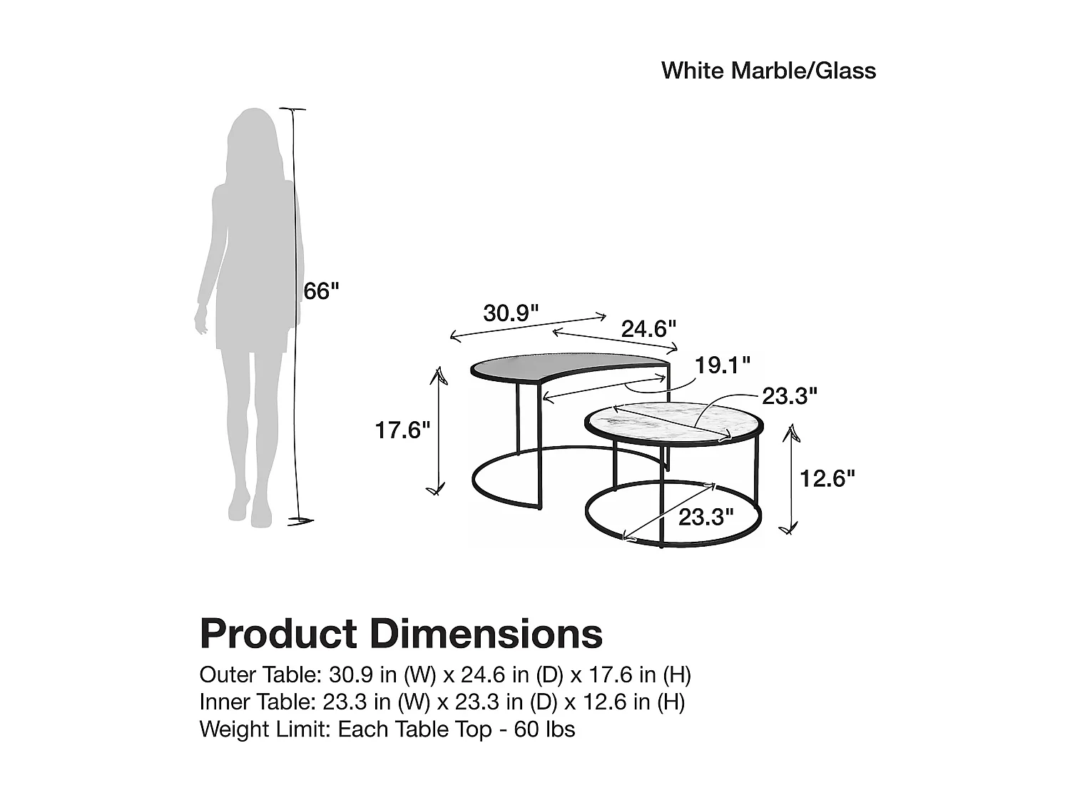 Moon Phases|Tables gigognes avec plateau en verre/effet marbre blanc