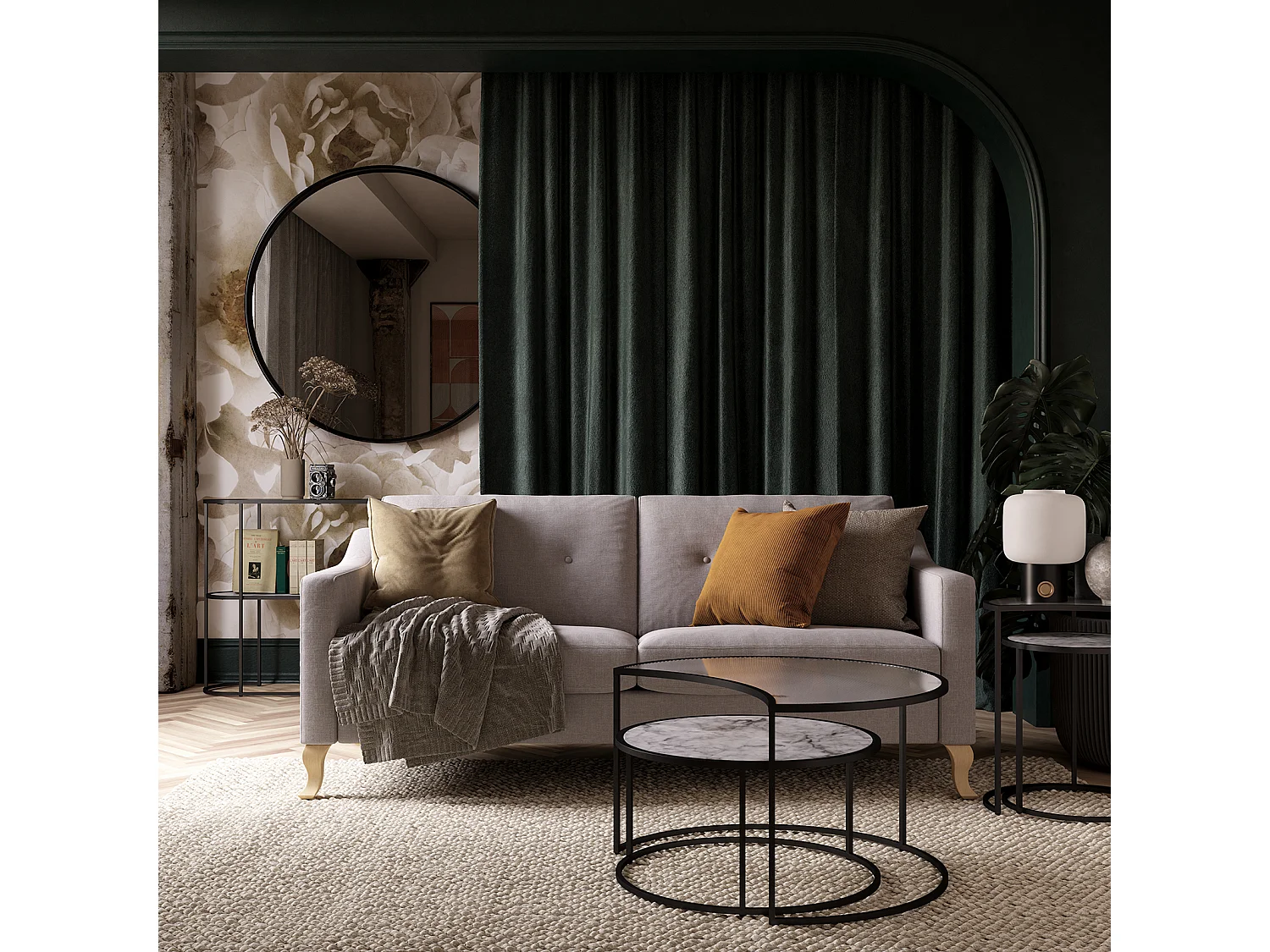 Moon Phases|Tables gigognes avec plateau en verre/effet marbre blanc