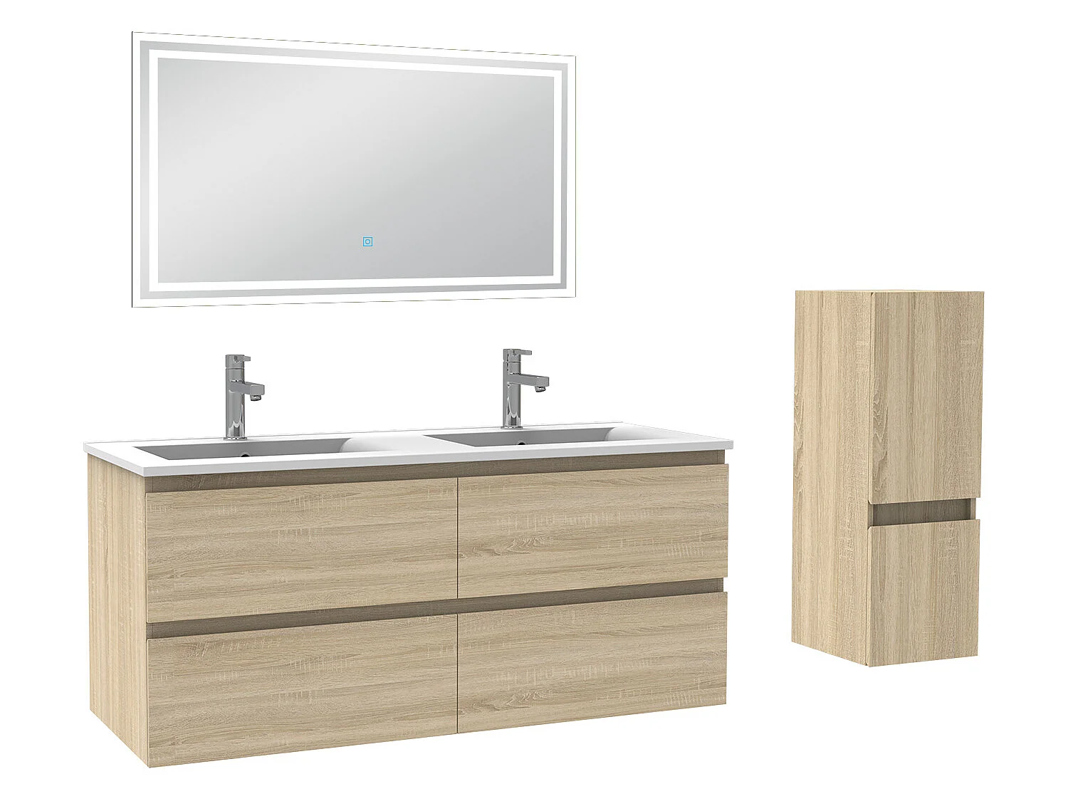 Ensemble meubles Salle de Bain 120cm 4pcs vasque + colonne + miroir LED Chêne Wotan - Aica