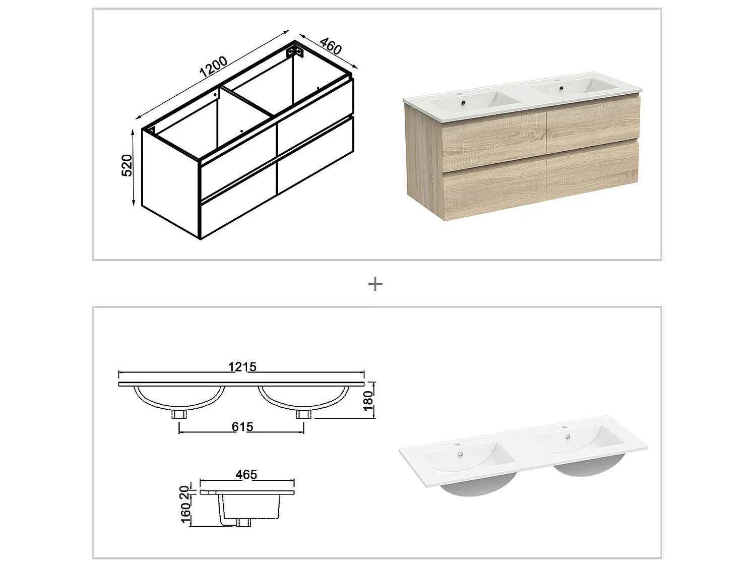 Ensemble meubles Salle de Bain 120cm 4pcs vasque + colonne + miroir LED Chêne Wotan - Aica