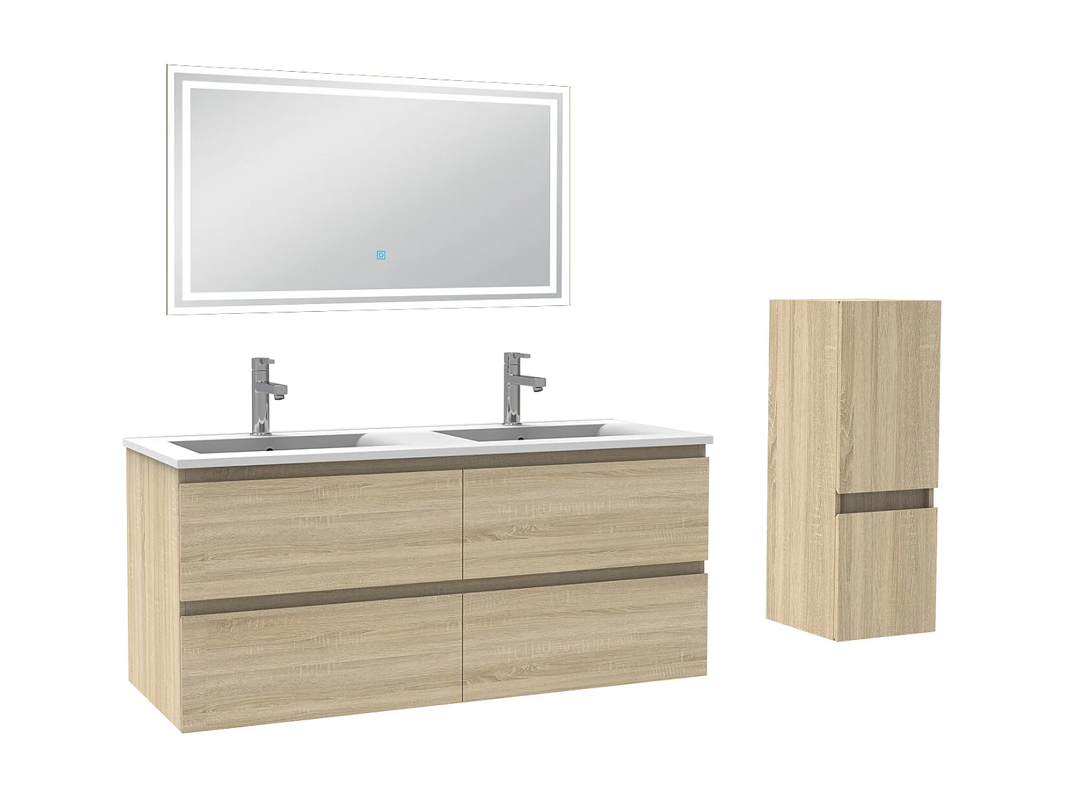 Ensemble meubles Salle de Bain 120cm 4pcs vasque + colonne + miroir LED Chêne Wotan - Aica