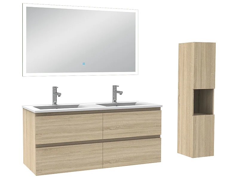 Ensemble meubles Salle de Bain 120cm double vasque + colonne + miroir lumineux Chêne Wotan - Aica